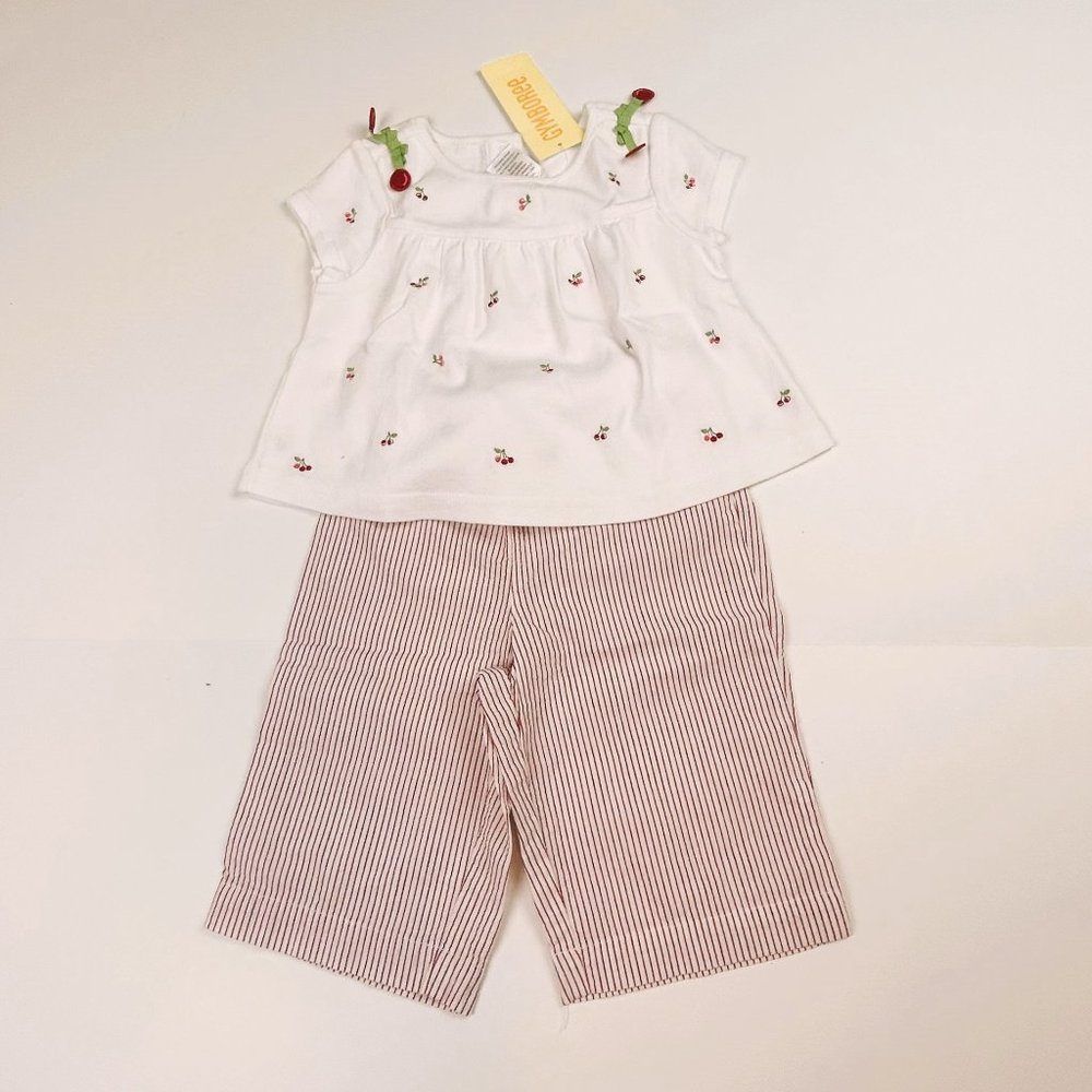 NWT Gymboree Girl Seersucker Stripe Cheery Capri & Cherry Top Size 6-12Months